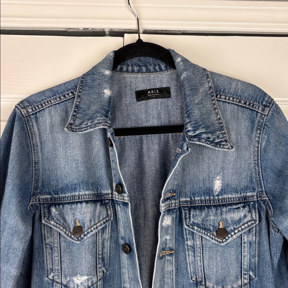 ABLE Merly Denim Distressed Medium Wash Jean Jacket Sustainable Brand Size Med - Picture 5 of 10